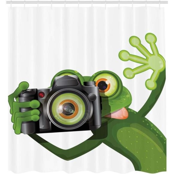 Funny Photographer Merry Green Frog Cloth Fabric Bathroom Decor Set with Hooks - Picture 3 of 4